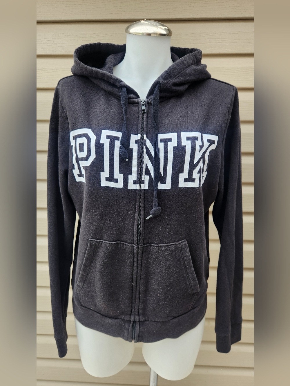 PINK Victoria's Secret Black Zip Hoodie with White Logo Medium